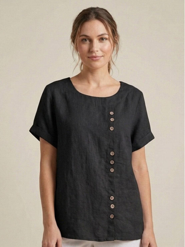 Duttini | Casual Scoop Neck Button Detail Short Sleeve Top