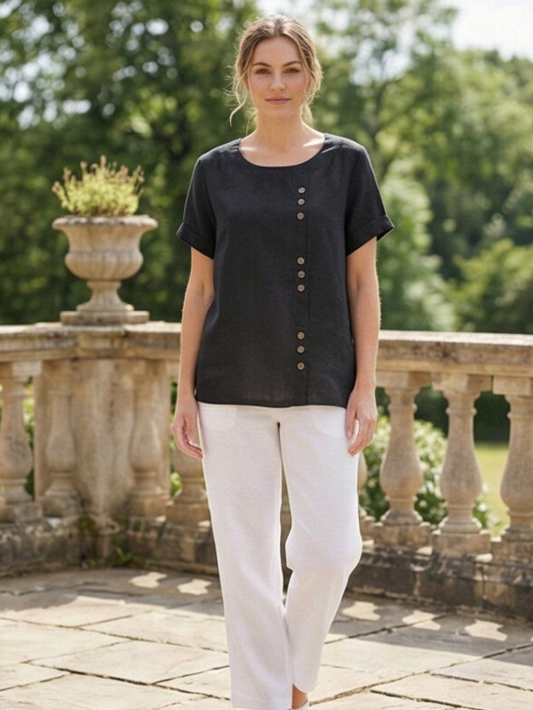 Duttini | Casual Scoop Neck Button Detail Short Sleeve Top
