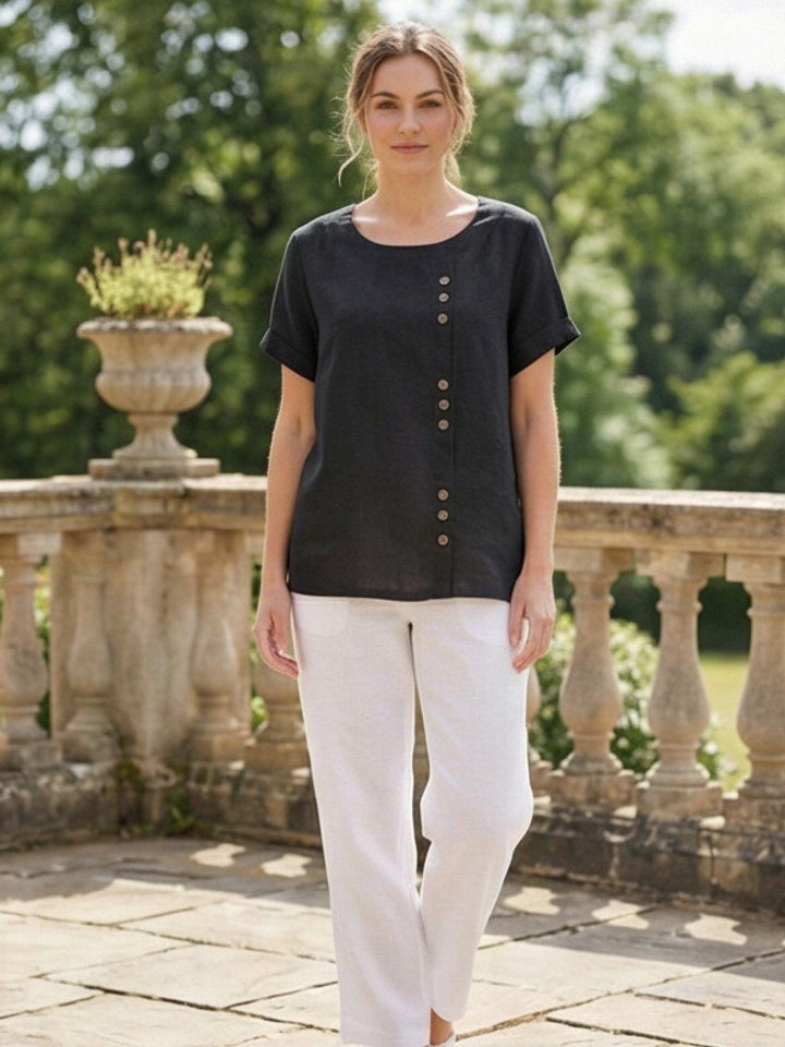 Duttini | Casual Scoop Neck Button Detail Short Sleeve Top