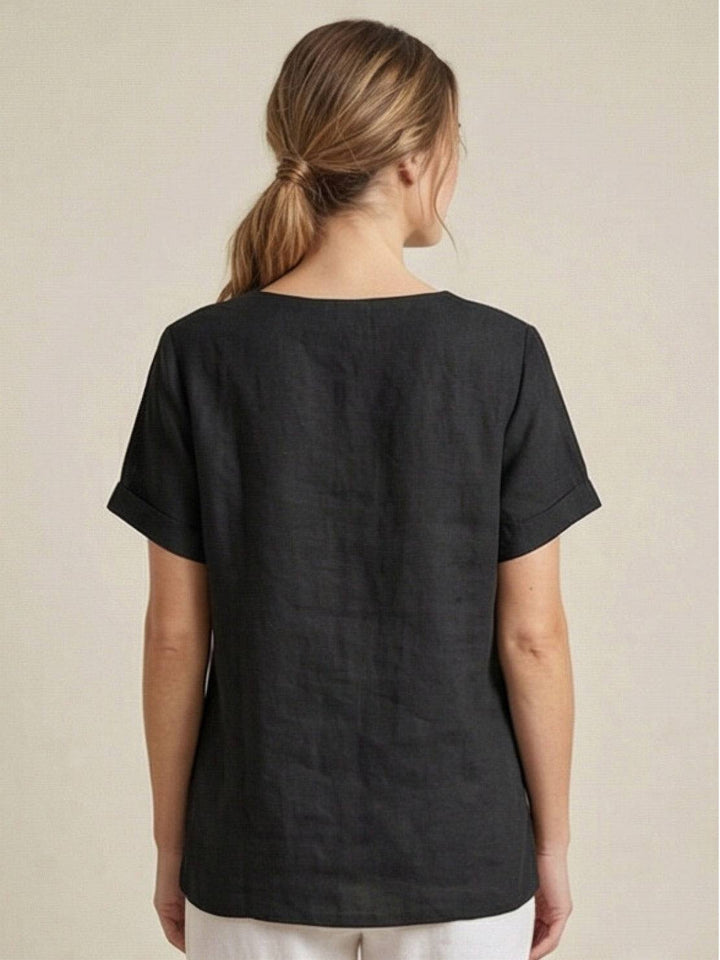 Duttini | Casual Scoop Neck Button Detail Short Sleeve Top