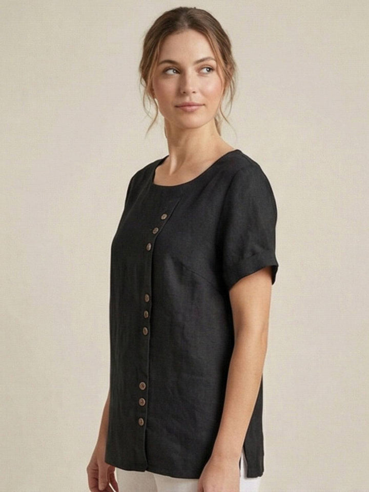 Duttini | Casual Scoop Neck Button Detail Short Sleeve Top