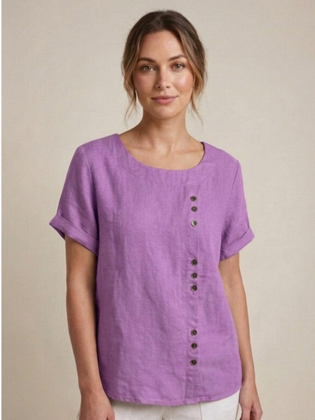 Duttini | Casual Scoop Neck Button Detail Short Sleeve Top