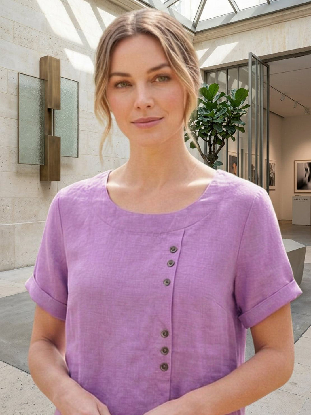 Duttini | Casual Scoop Neck Button Detail Short Sleeve Top