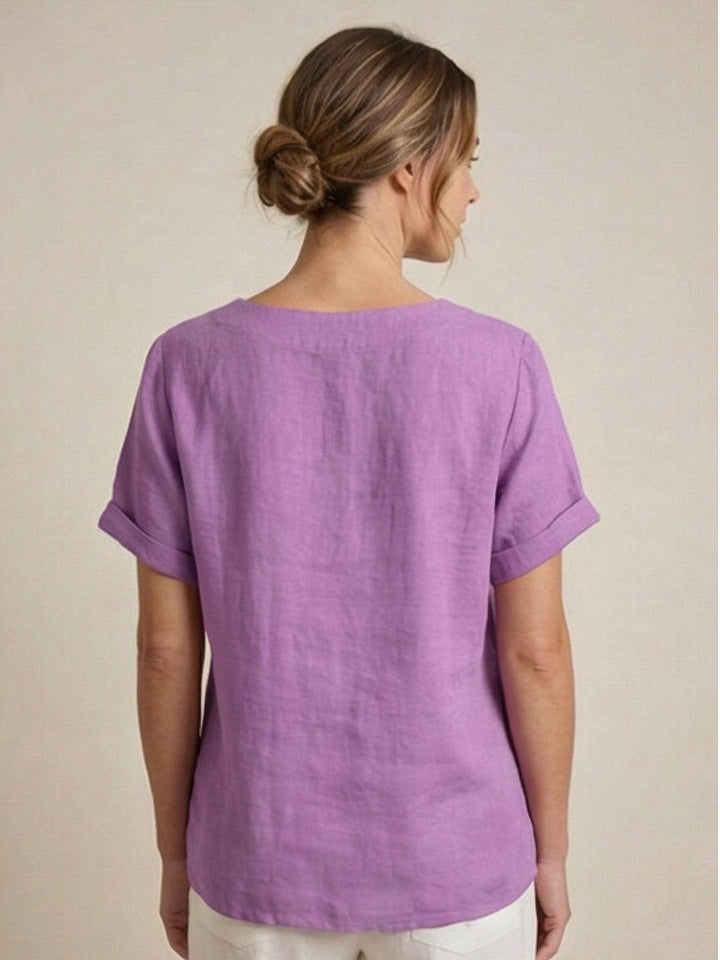Duttini | Casual Scoop Neck Button Detail Short Sleeve Top