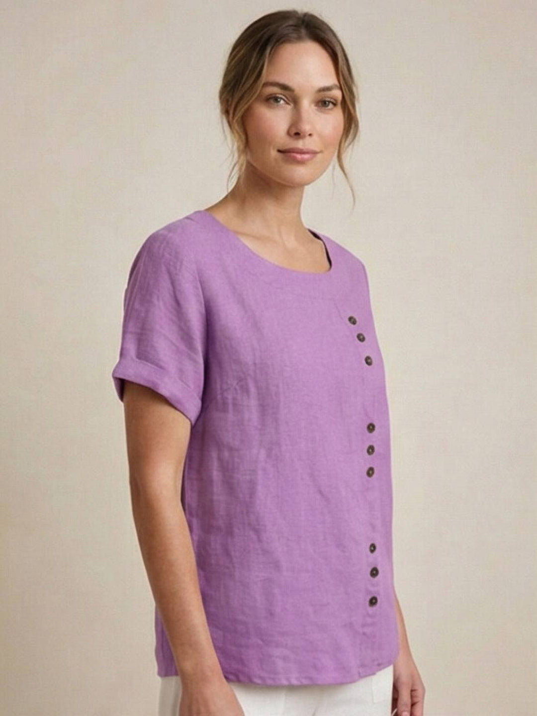 Duttini | Casual Scoop Neck Button Detail Short Sleeve Top