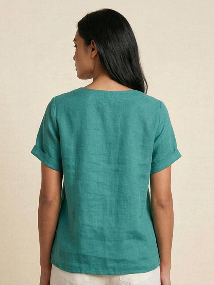 Duttini | Casual Scoop Neck Button Detail Short Sleeve Top