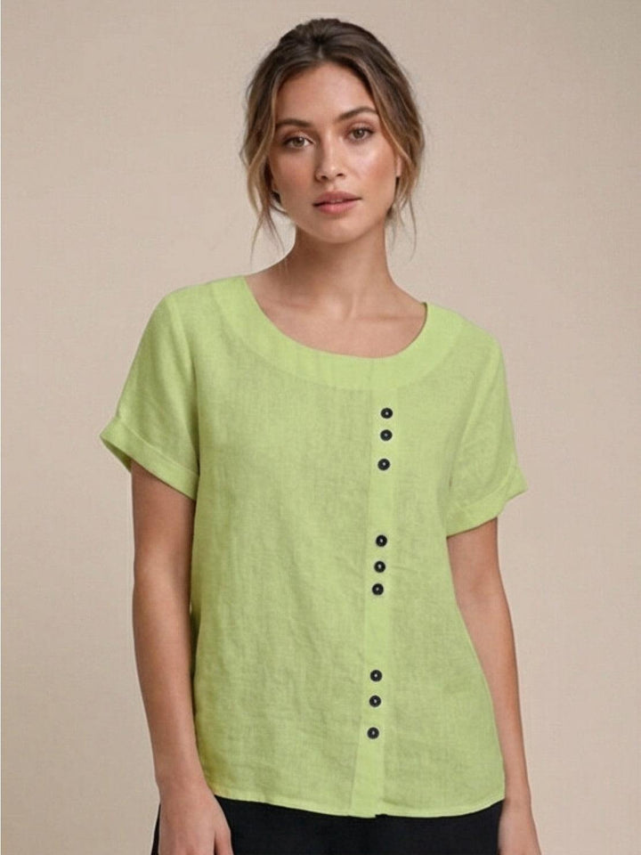 Duttini | Casual Scoop Neck Button Detail Short Sleeve Top