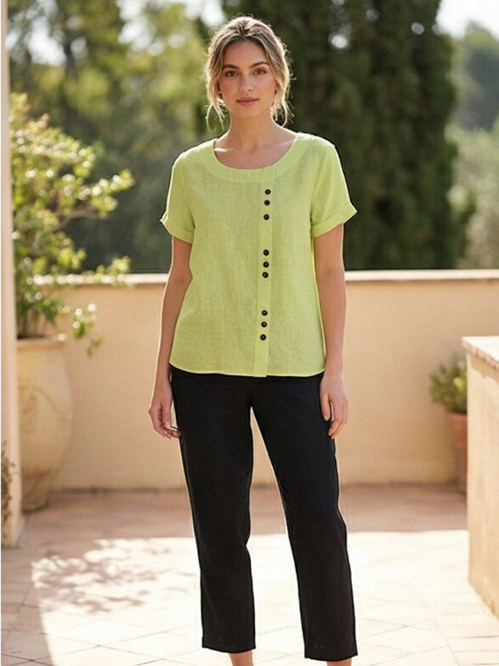 Duttini | Casual Scoop Neck Button Detail Short Sleeve Top