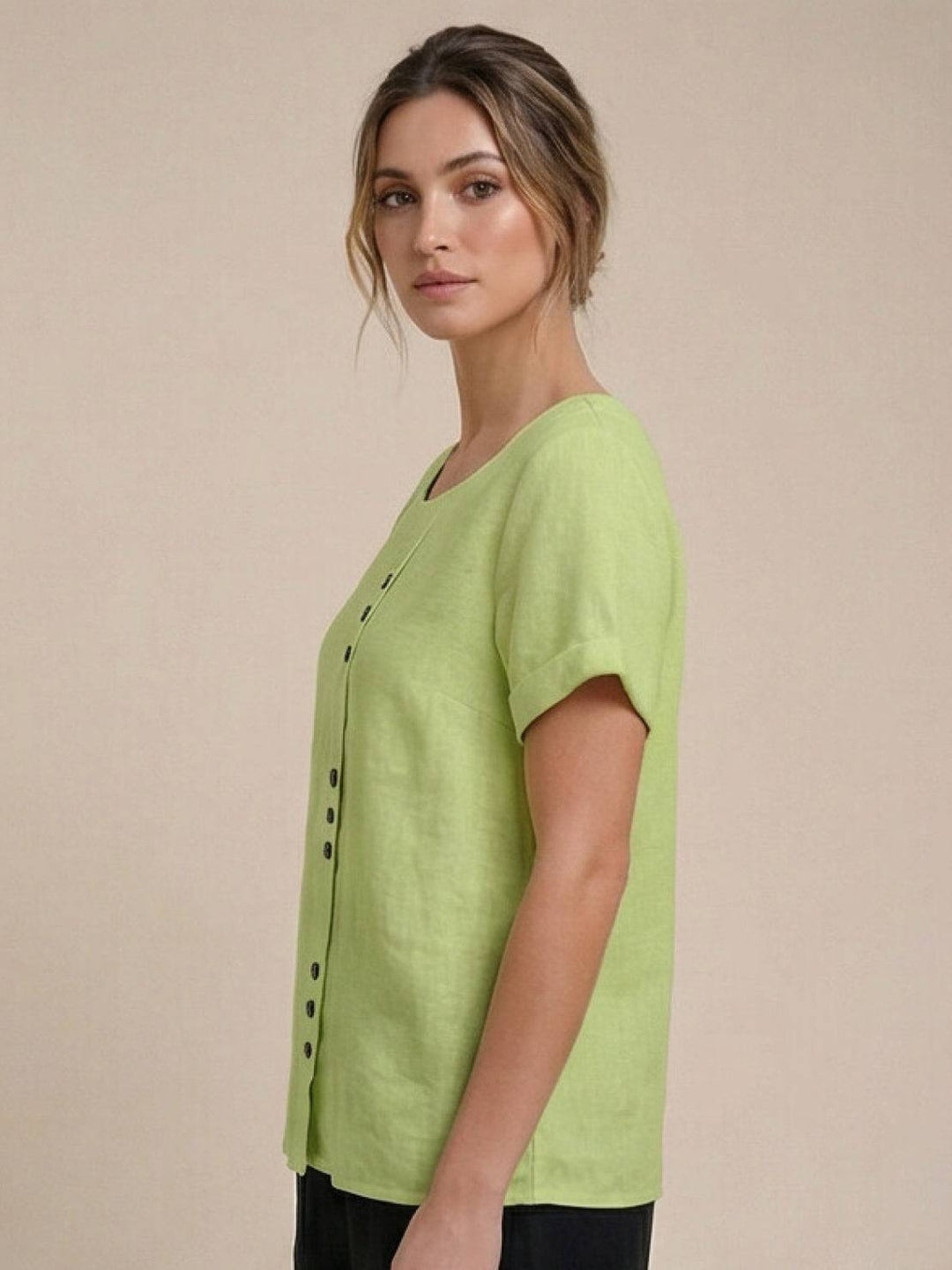 Duttini | Casual Scoop Neck Button Detail Short Sleeve Top