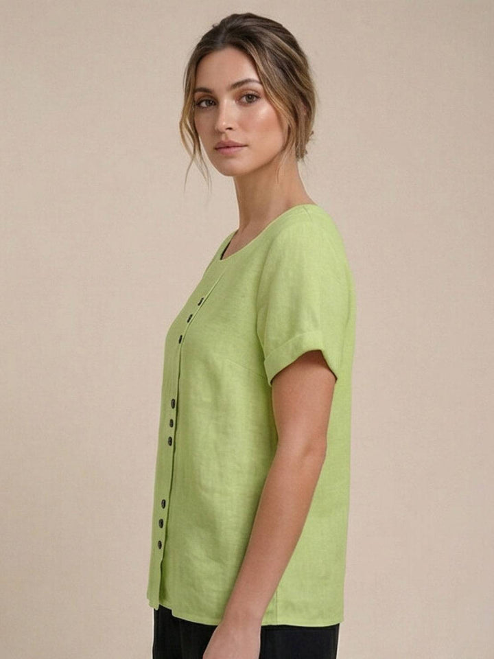 Duttini | Casual Scoop Neck Button Detail Short Sleeve Top