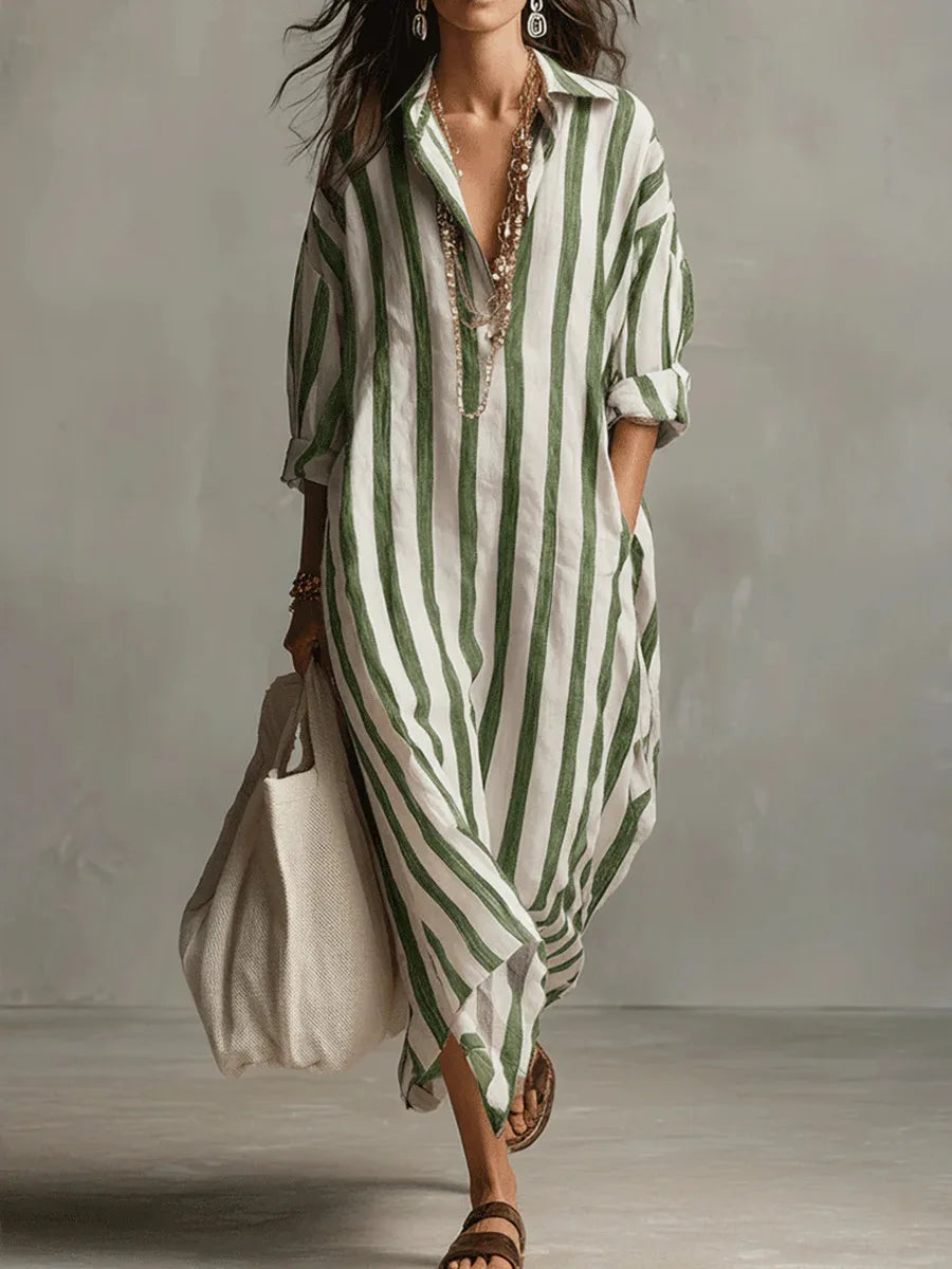 Duttini | Elegant Striped Long Sleeve Maxi Shirt Dress