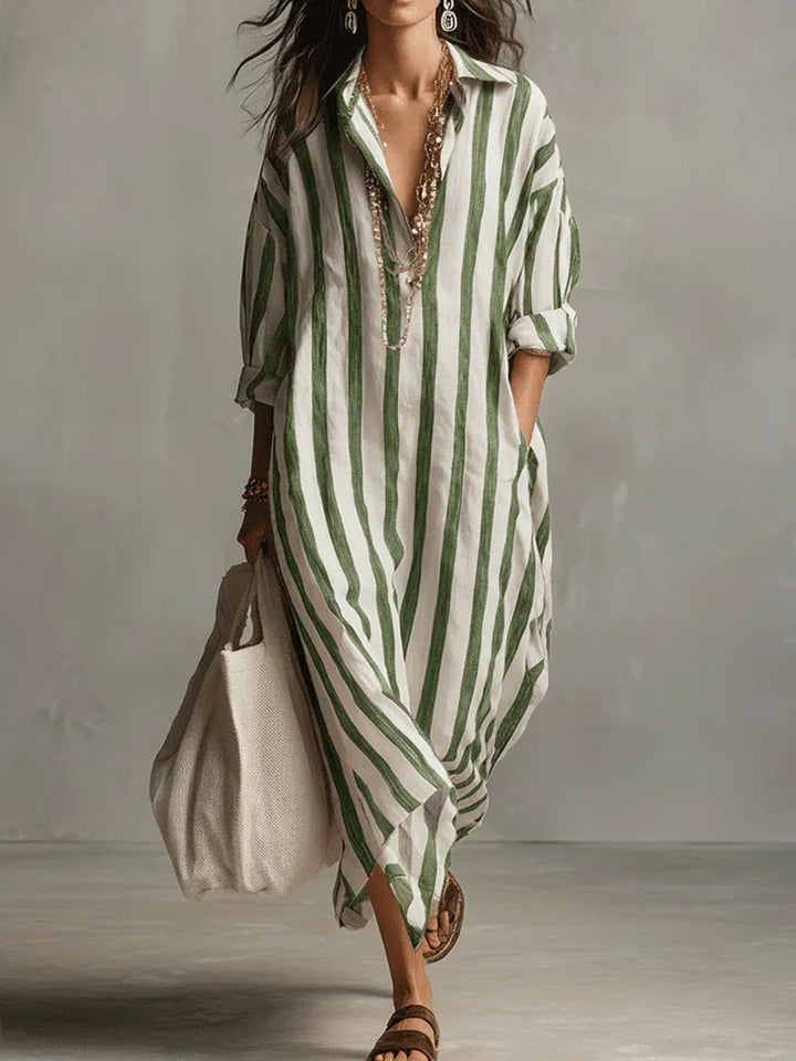 Duttini | Elegant Striped Long Sleeve Maxi Shirt Dress