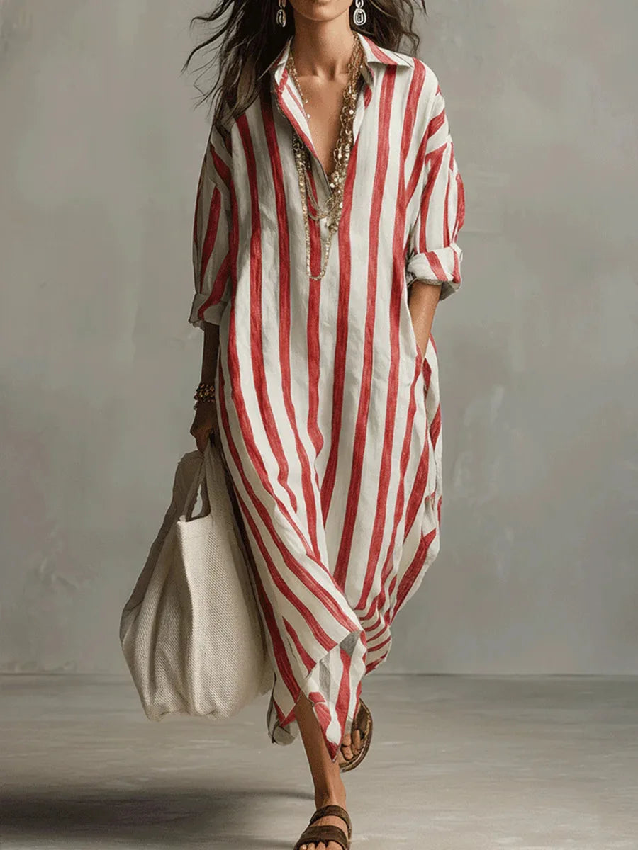 Duttini | Elegant Striped Long Sleeve Maxi Shirt Dress