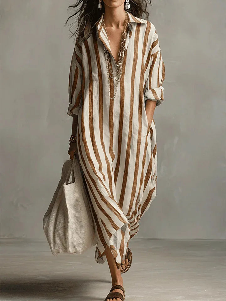 Duttini | Elegant Striped Long Sleeve Maxi Shirt Dress