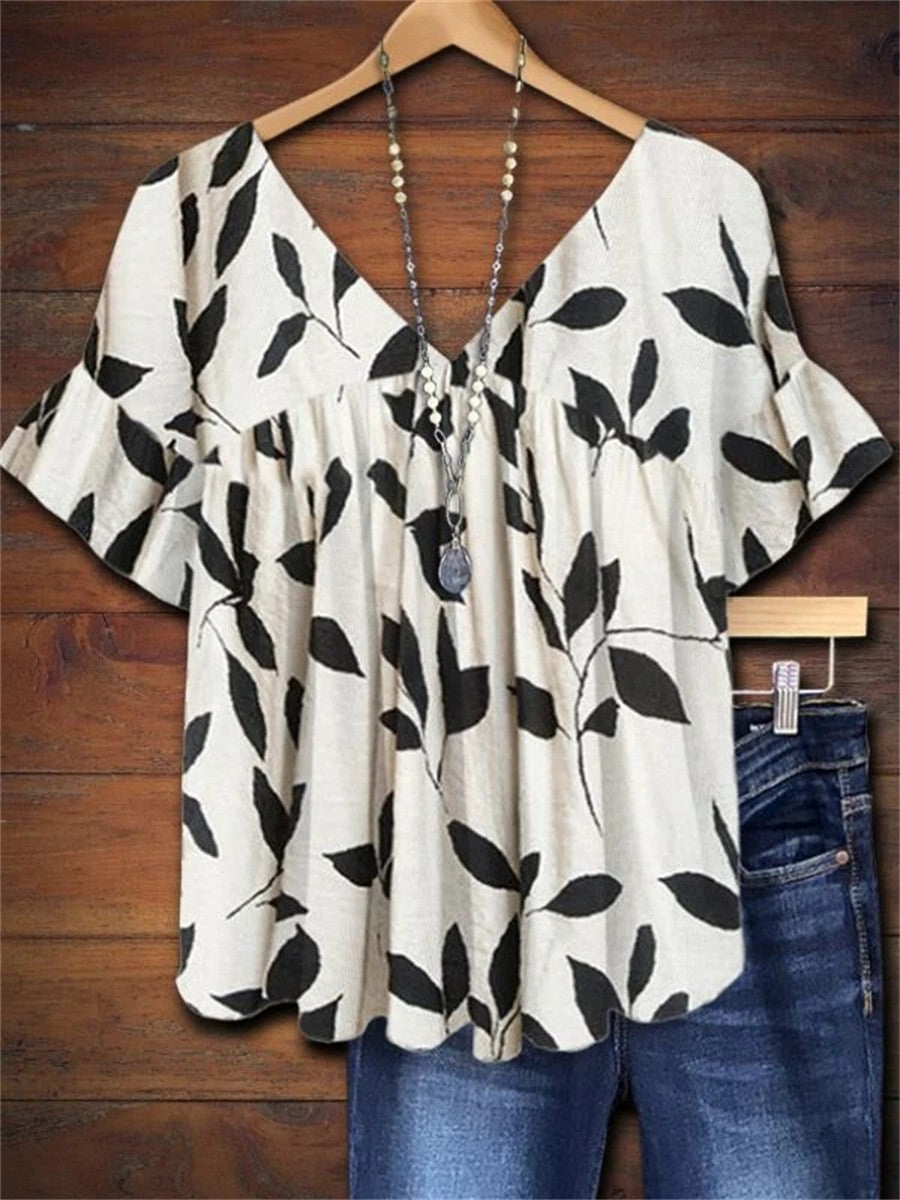 Duttini | Effortless Leaf Print Short Sleeve Blouse