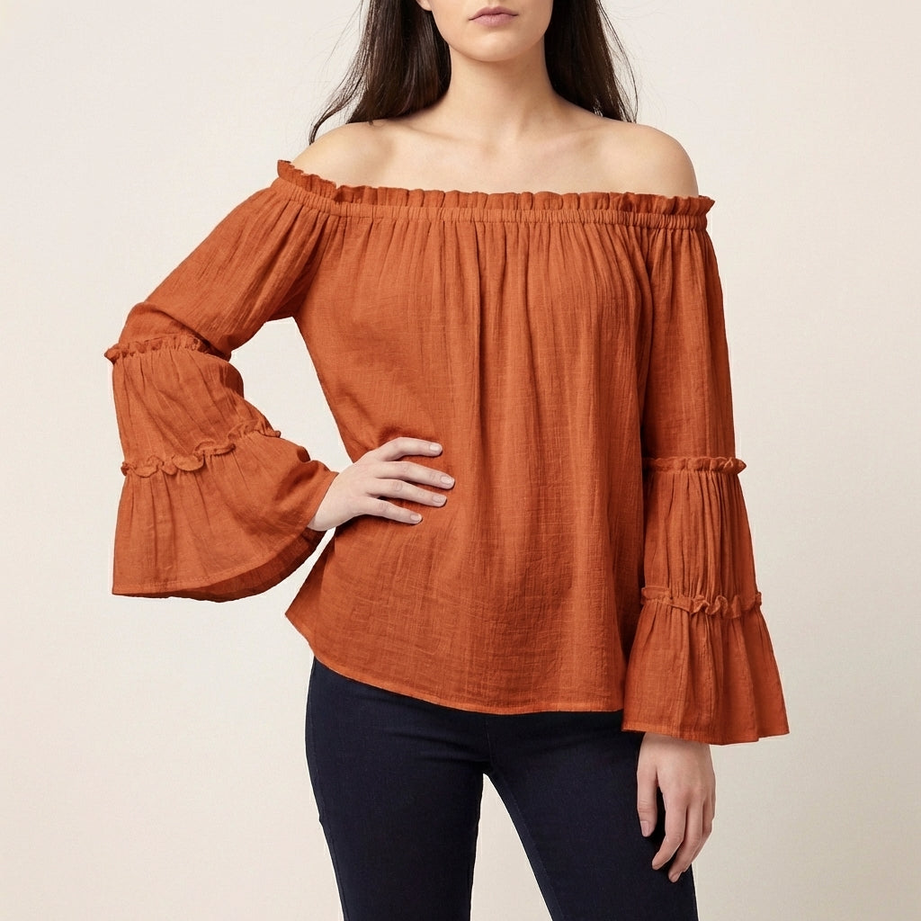 Duttini | Luxe Bohemian Off-the-Shoulder Blouse With Tiered Bell Sleeves