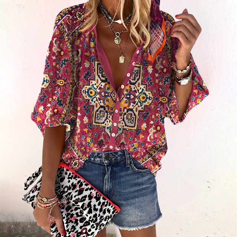 Duttini | Boho Print Blouse V-Neck Long Sleeve Button Down