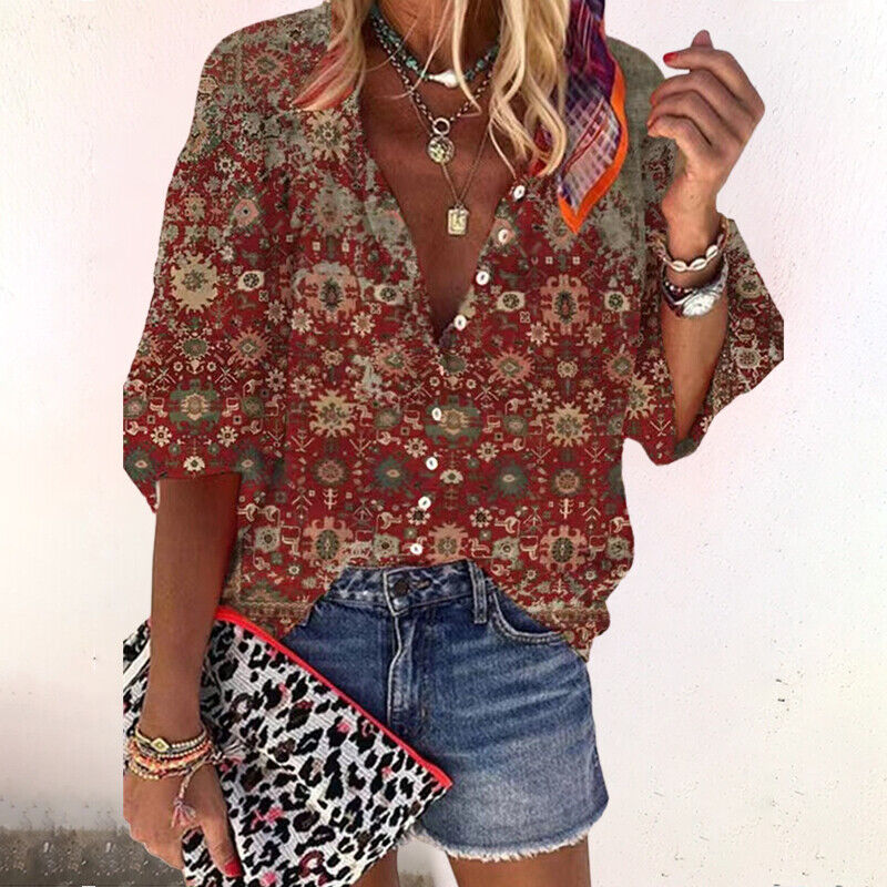 Duttini | Boho Print Blouse V-Neck Long Sleeve Button Down