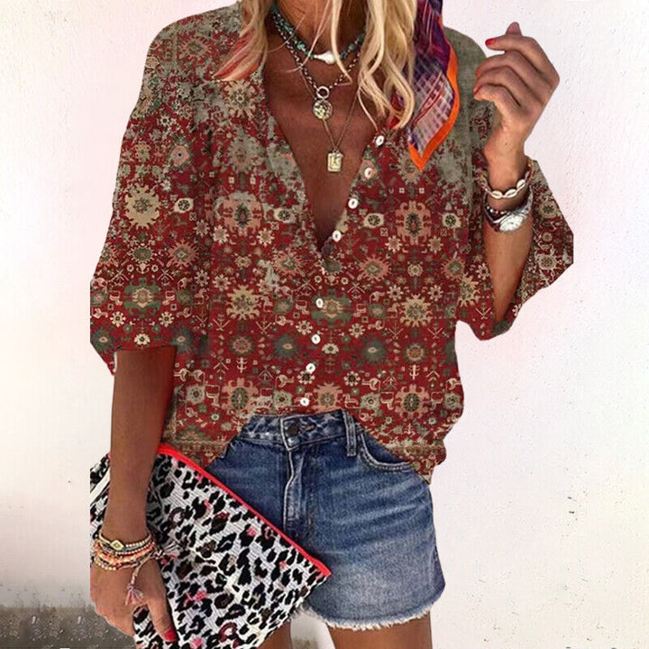 Duttini | Boho Print Blouse V-Neck Long Sleeve Button Down