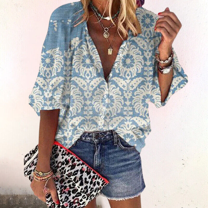 Duttini | Boho Print Blouse V-Neck Long Sleeve Button Down