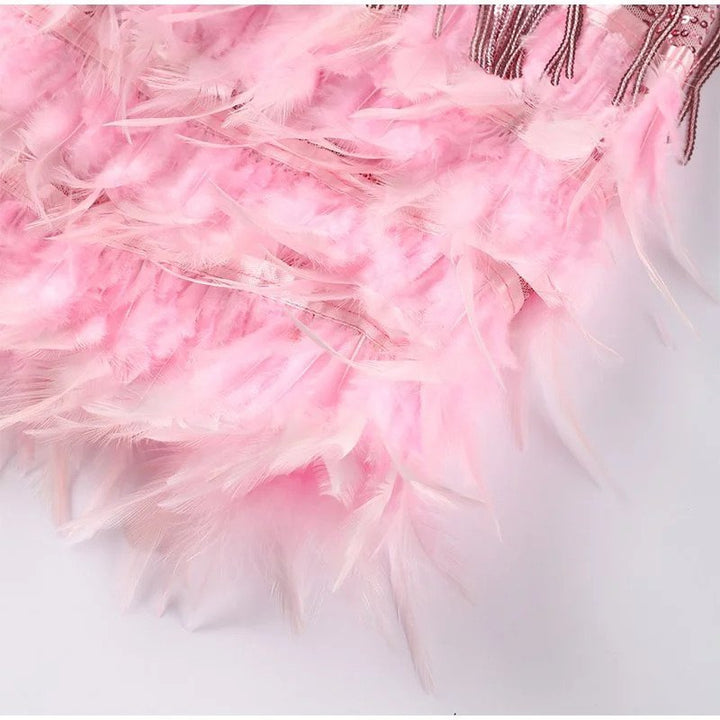 Duttini | Romantic Fringe Embellished Mini Dress With Feathered Hem