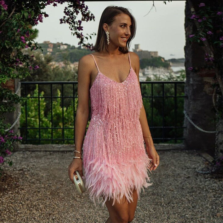 Duttini | Romantic Fringe Embellished Mini Dress With Feathered Hem