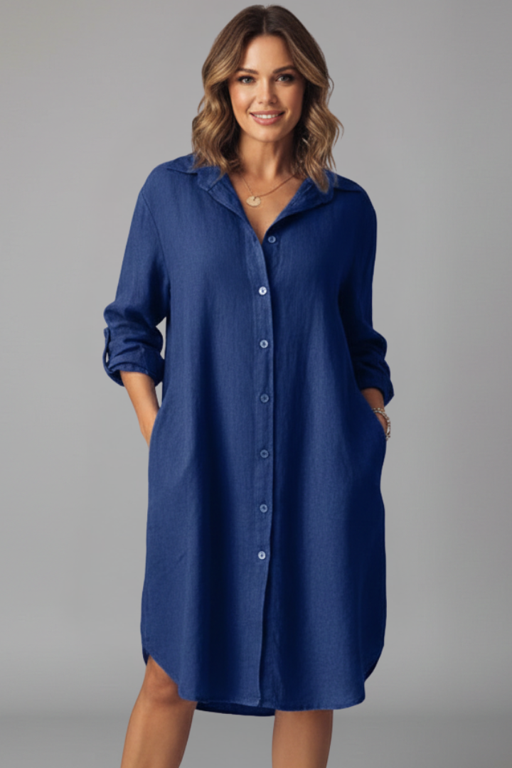 Duttini | Feminine Long Sleeve Button Front Shirt Dress