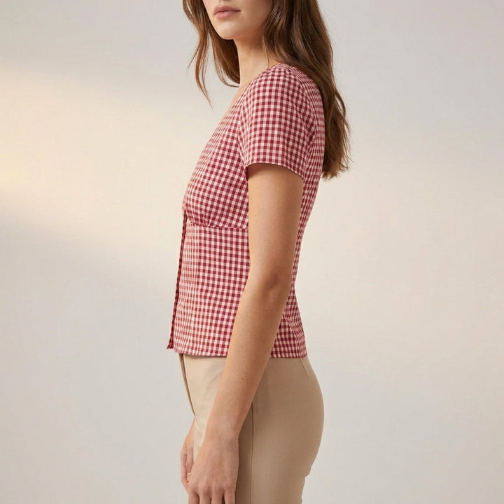 Duttini | Feminine Fitted Cropped V-Neck Blouse With Puff Sleeves And Gingham Pattern