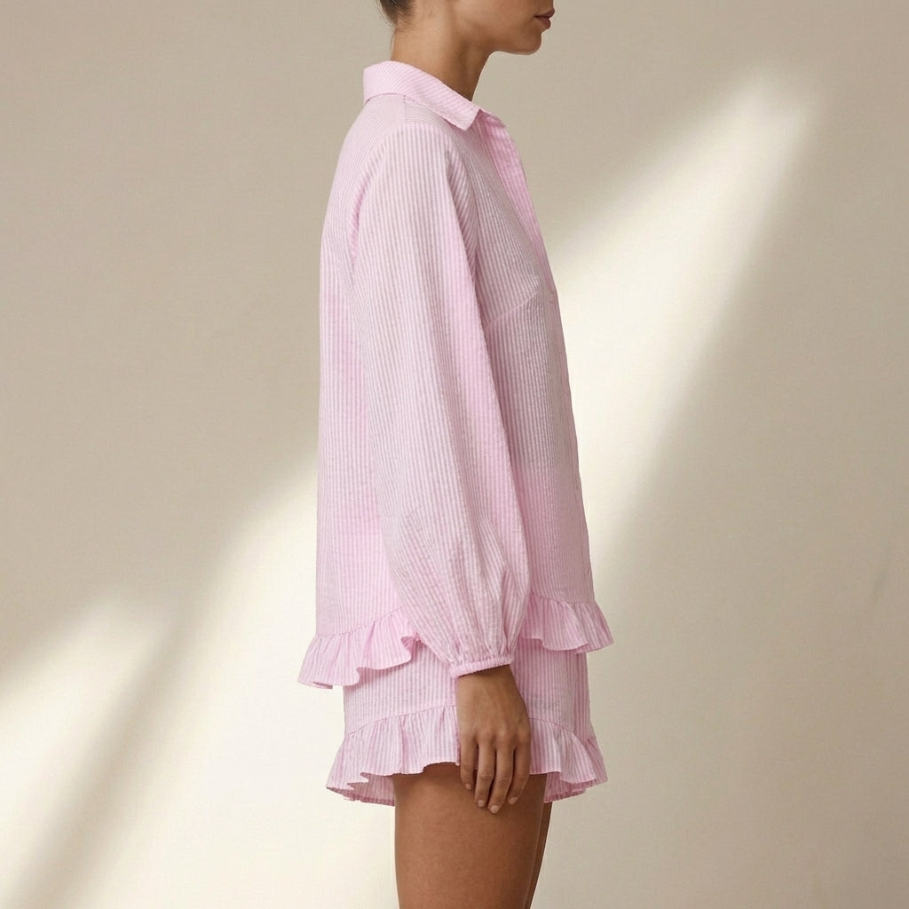 Duttini | Sculpted Oversized Striped Two-Piece Set With Dramatic Bubble Sleeves And Ruffled Hem