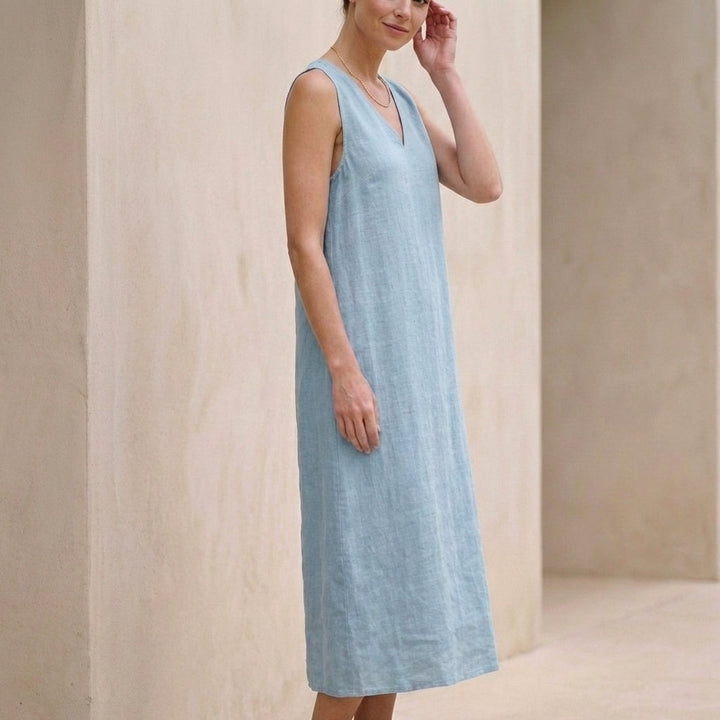 Duttini | Effortless Cotton Linen V-Neck Sleeveless Shift Midi Dress With Pockets