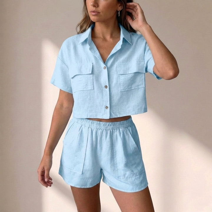 Duttini | Effortless Relaxed Collared Two-Piece Shorts Set In Lightweight Textured Woven Fabric