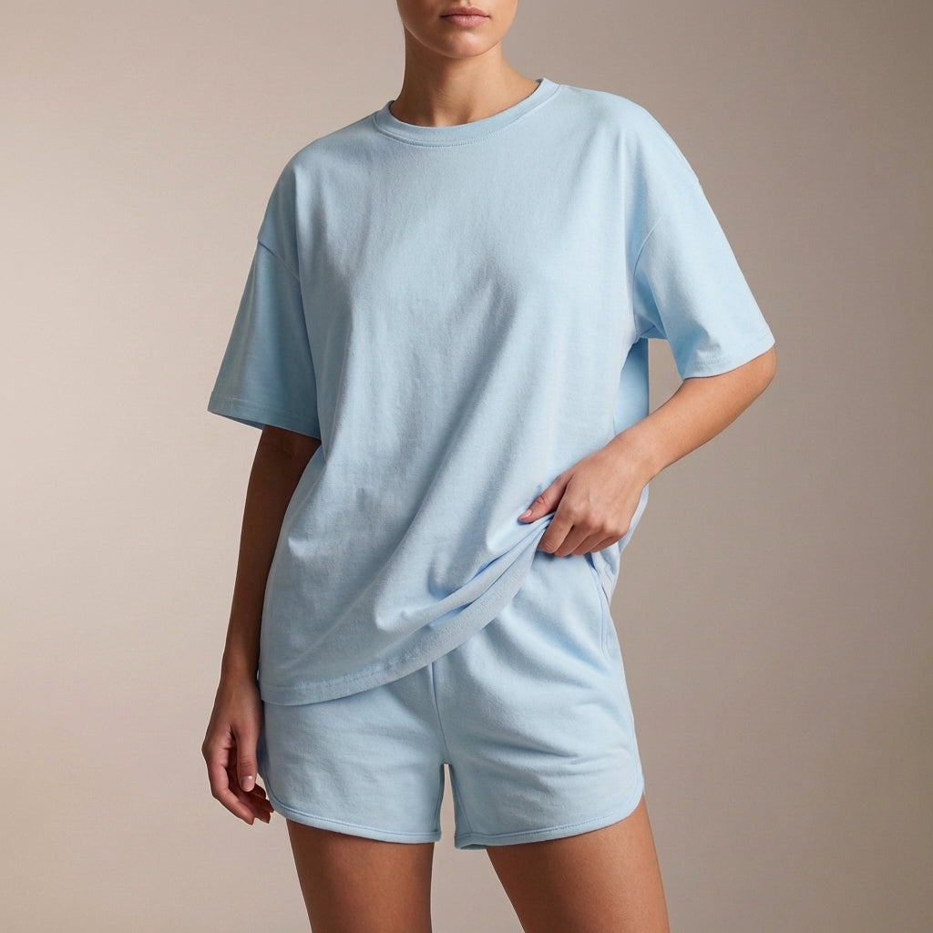 Duttini | Feminine Oversized Drop-Shoulder Lounge Set With Adjustable Waist Shorts