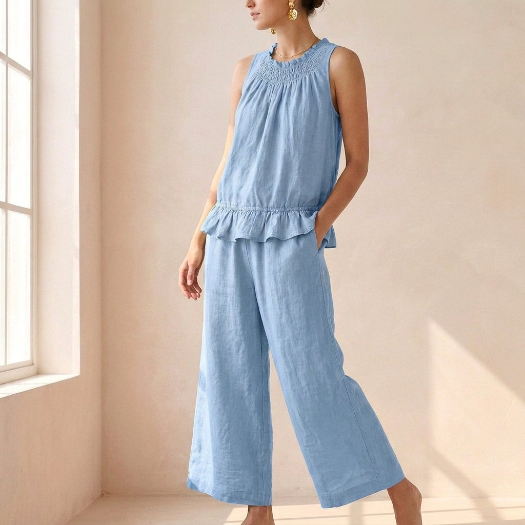 Duttini | Graceful Bohemian-Inspired Relaxed Two-Piece Set With Ruffled Neckline And Wide-Leg Trousers