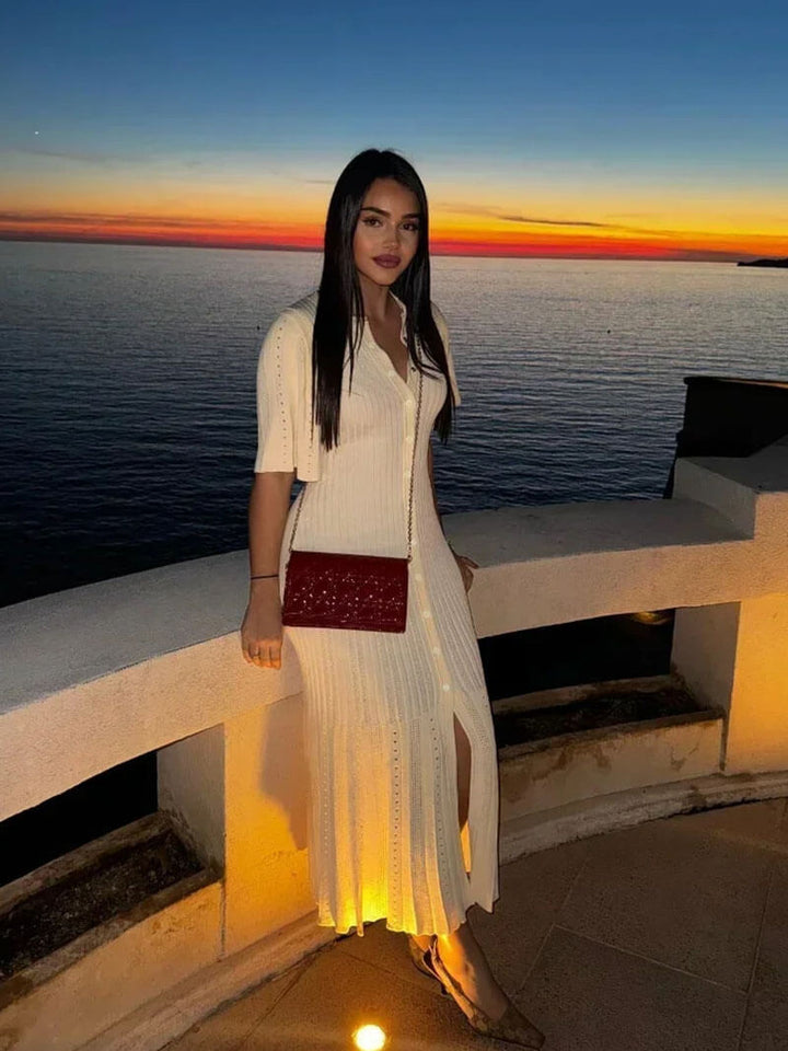 Duttini | Button-Front Ribbed Midi Dress – Short Sleeve Knit Dress