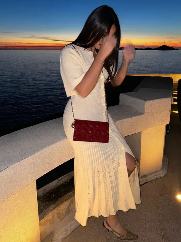 Duttini | Button-Front Ribbed Midi Dress – Short Sleeve Knit Dress