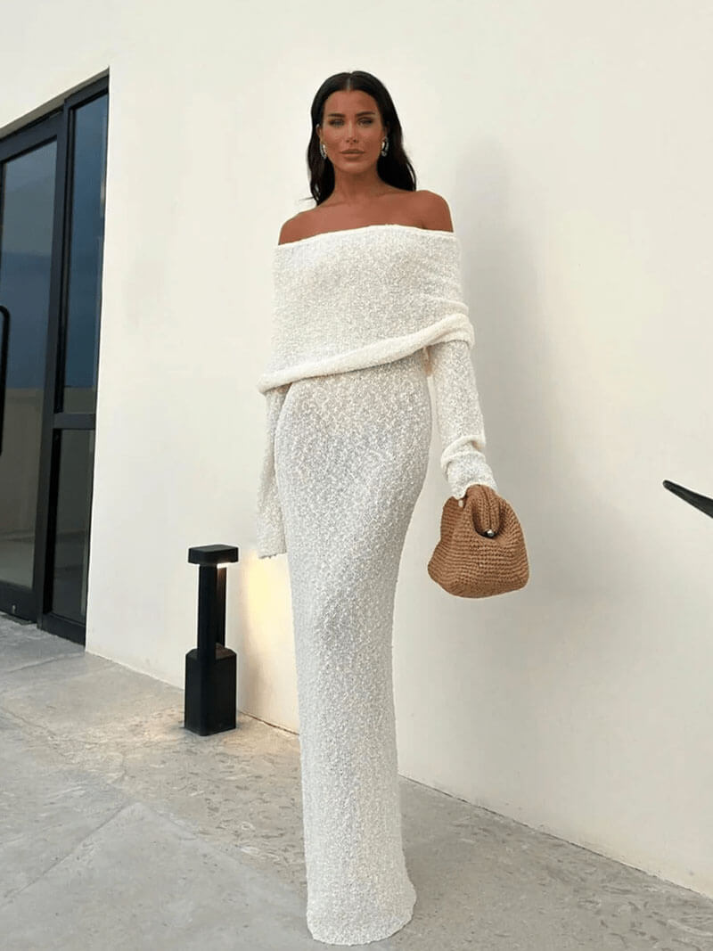 Duttini | Ribbed Bouclé Off-Shoulder Dress