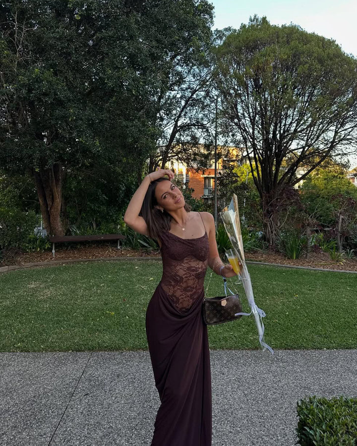 Duttini | One-Shoulder Lace Backless Maxi Dress