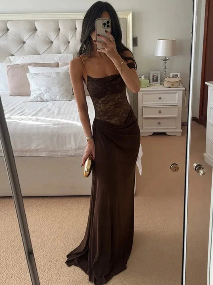 Duttini | One-Shoulder Lace Backless Maxi Dress