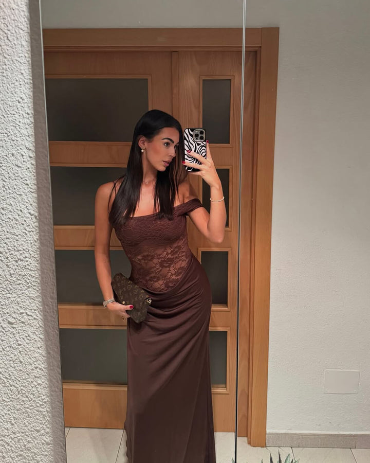 Duttini | One-Shoulder Lace Backless Maxi Dress