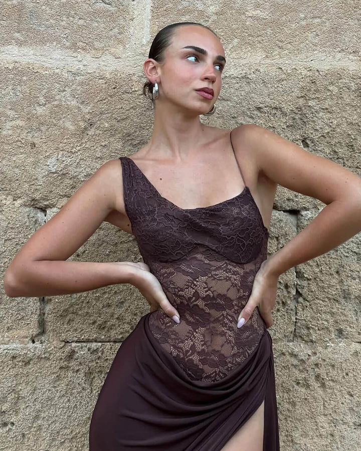 Duttini | One-Shoulder Lace Backless Maxi Dress
