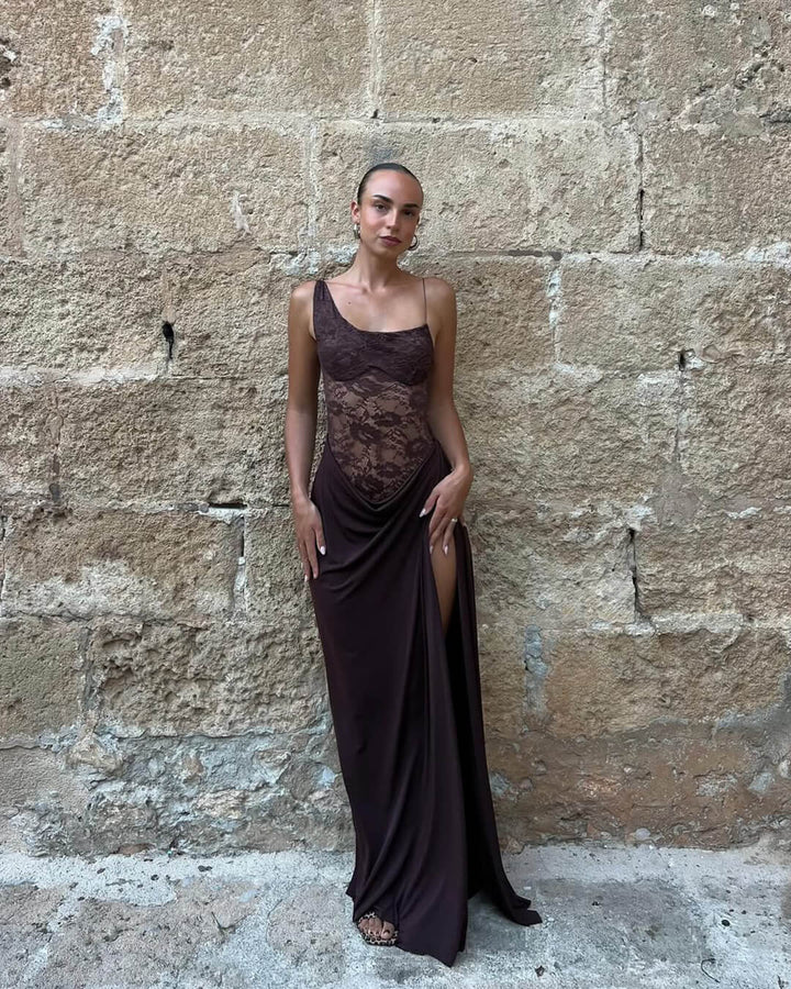 Duttini | One-Shoulder Lace Backless Maxi Dress