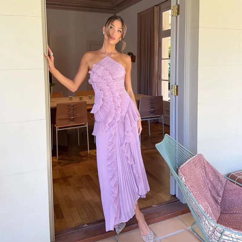 Duttini | Halter Neck Ruffled Tulle Dress - A-Line Evening Gown