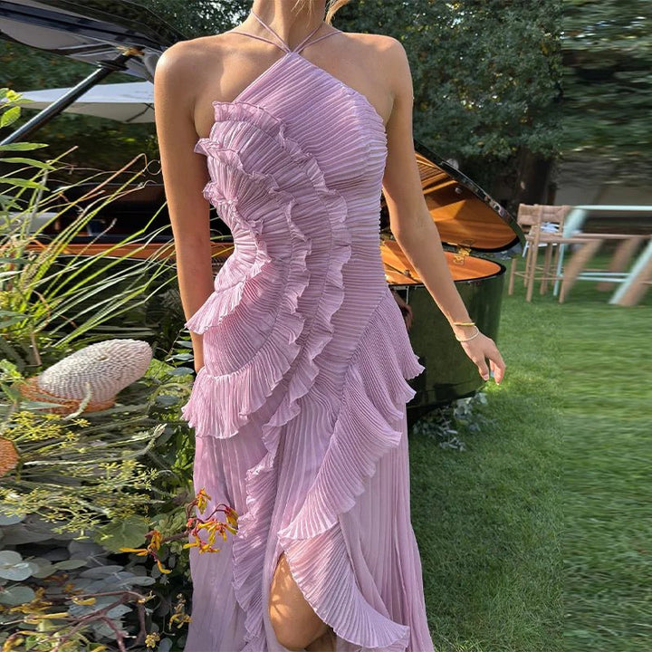 Duttini | Halter Neck Ruffled Tulle Dress - A-Line Evening Gown