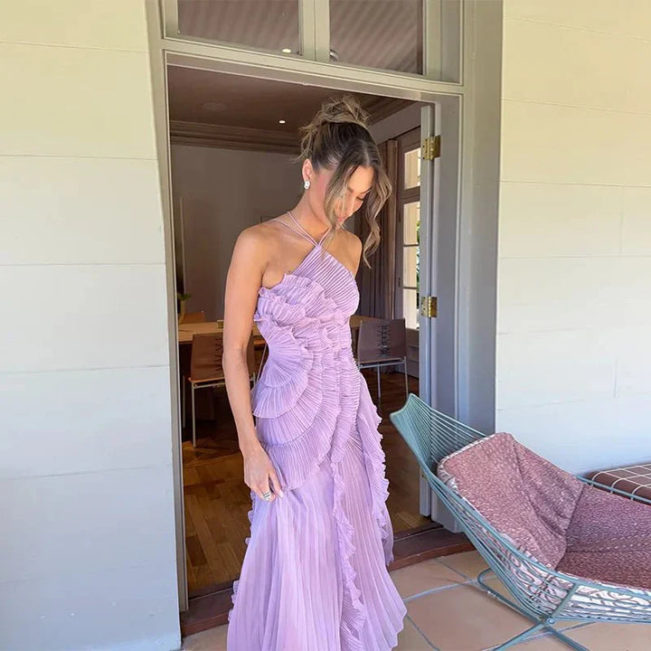 Duttini | Halter Neck Ruffled Tulle Dress - A-Line Evening Gown