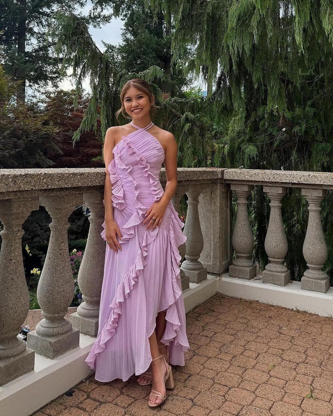 Duttini | Halter Neck Ruffled Tulle Dress - A-Line Evening Gown