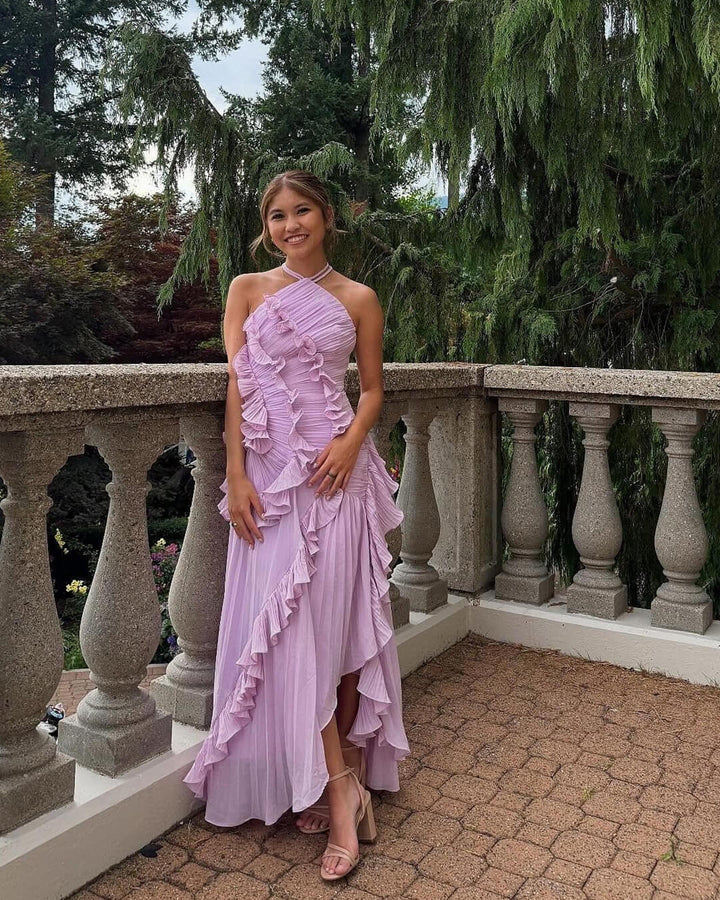Duttini | Halter Neck Ruffled Tulle Dress - A-Line Evening Gown