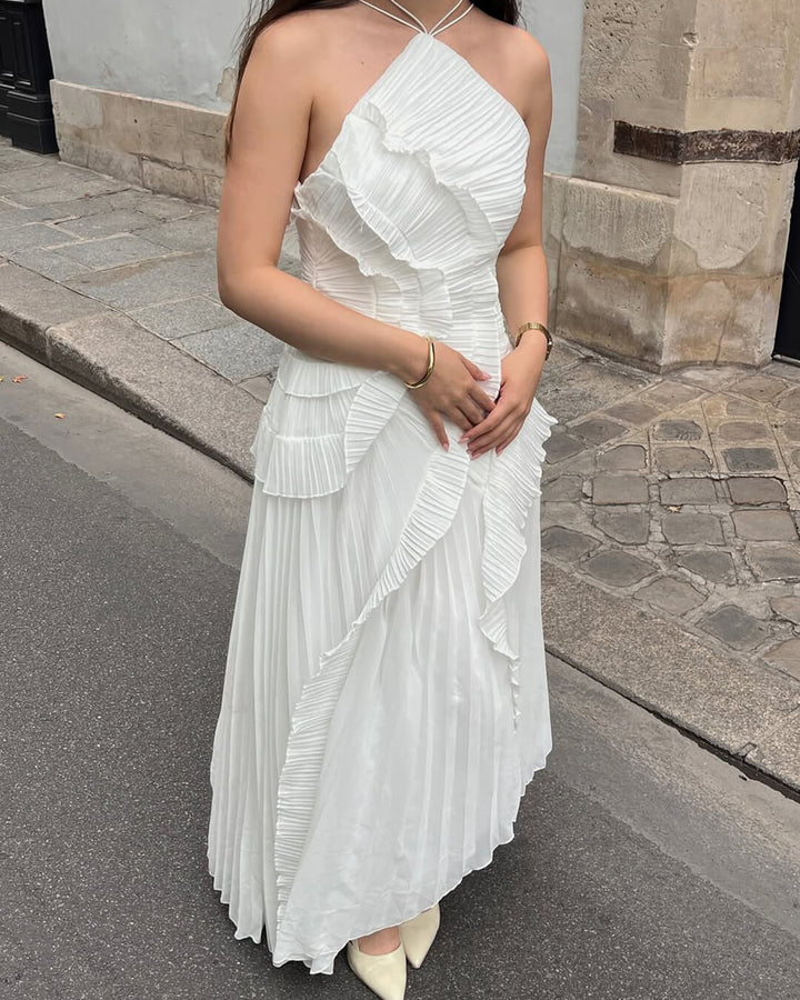 Duttini | Halter Neck Ruffled Tulle Dress - A-Line Evening Gown