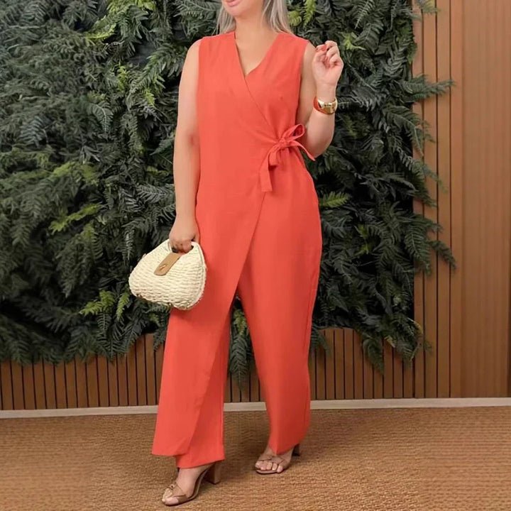 Duttini | Statement Wrap V-Neck Sleeveless Wide Leg Jumpsuit Belted