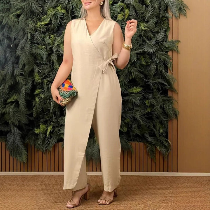 Duttini | Sculpted Sleeveless Jumpsuit Wrap V-Neck Tie Waist Casual