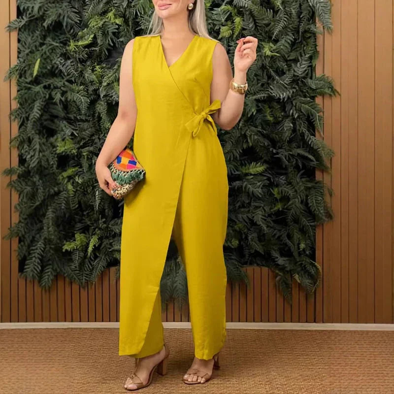 Duttini | Statement Wrap V-Neck Sleeveless Wide Leg Jumpsuit Belted